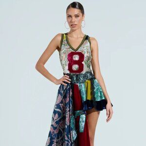 CLEAT CHASER LAYERED JERSEY HIGH LOW DRESS IN BROCADE